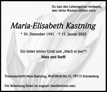 Anzeige von Maria-Elisabeth Kastning von Kölner Stadt-Anzeiger / Kölnische Rundschau / Express