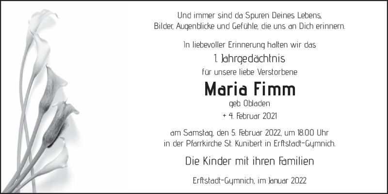  Traueranzeige für Maria Fimm vom 28.01.2022 aus  Werbepost 