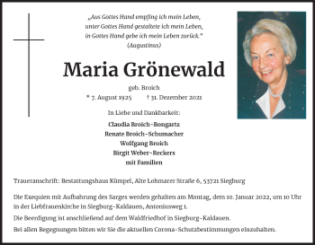 Anzeige von Maria Grönewald von Kölner Stadt-Anzeiger / Kölnische Rundschau / Express
