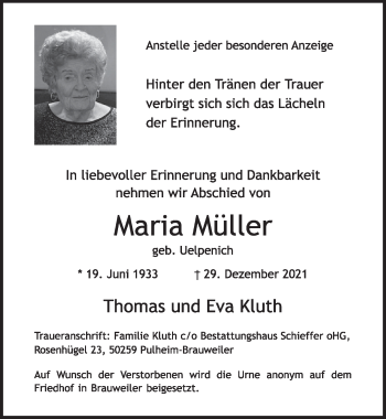 Anzeige von Maria Müller von  Wochenende 
