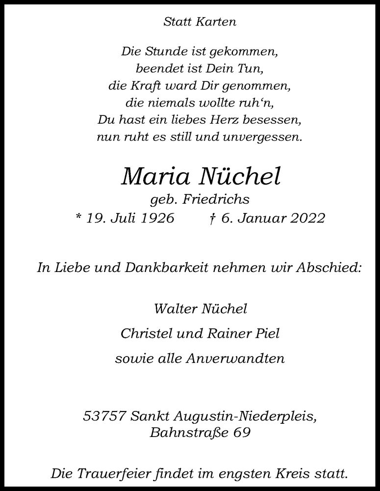  Traueranzeige für Maria Nüchel vom 15.01.2022 aus Kölner Stadt-Anzeiger / Kölnische Rundschau / Express