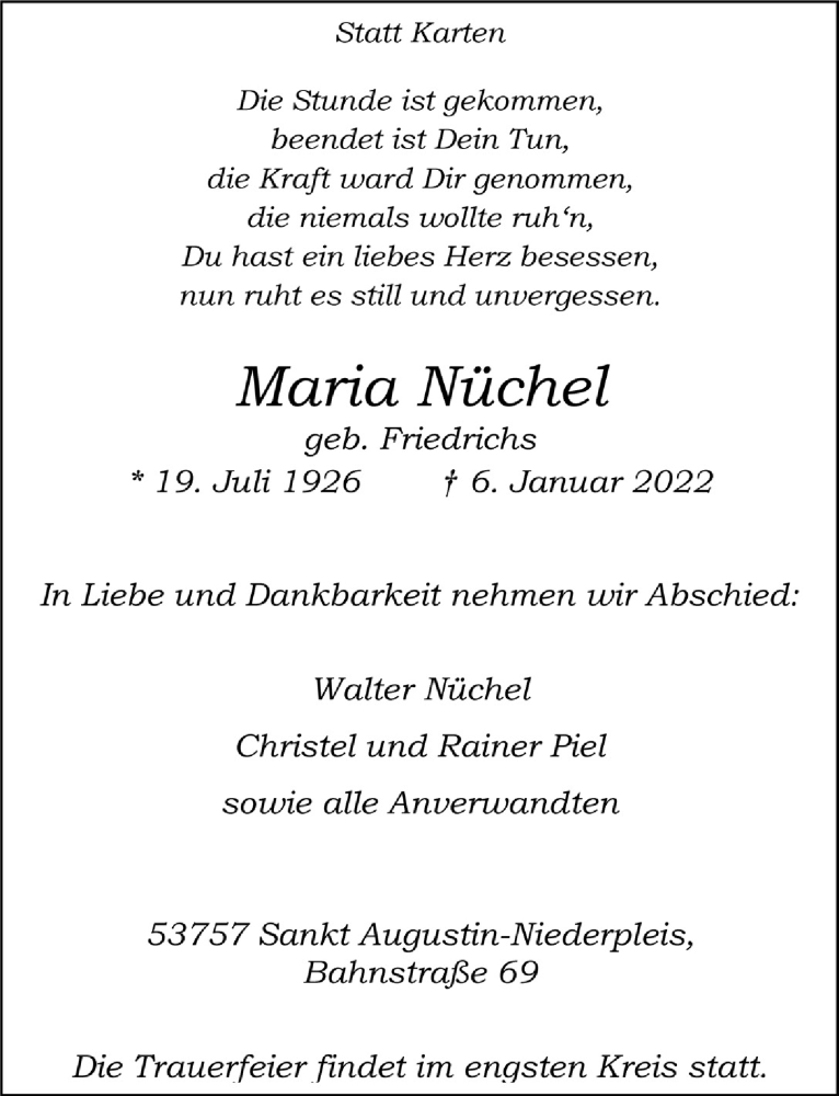  Traueranzeige für Maria Nüchel vom 14.01.2022 aus  Extra Blatt 