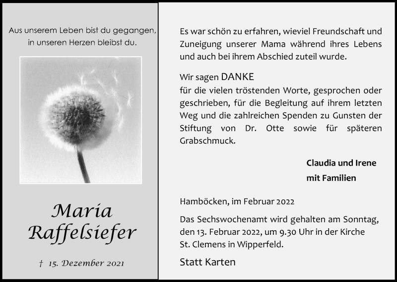  Traueranzeige für Maria Raffelsiefer vom 29.01.2022 aus Kölner Stadt-Anzeiger / Kölnische Rundschau / Express