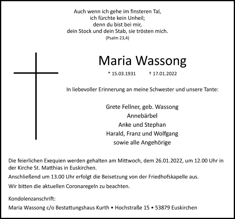  Traueranzeige für Maria Wassong vom 22.01.2022 aus  Blickpunkt Euskirchen 