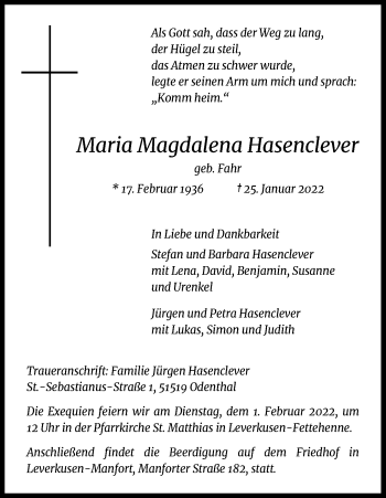 Anzeige von Maria Magdalena Hasenclever von Kölner Stadt-Anzeiger / Kölnische Rundschau / Express
