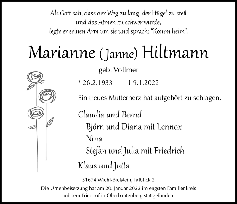  Traueranzeige für Marianne Hiltmann vom 21.01.2022 aus  Anzeigen Echo 