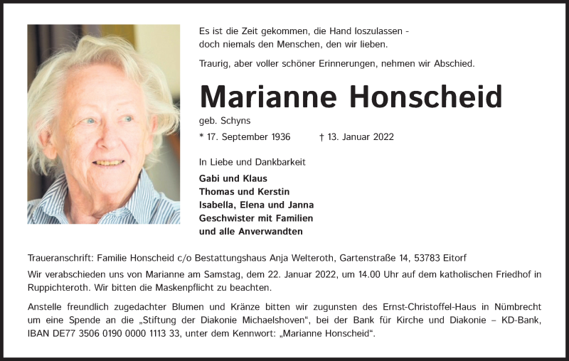 Traueranzeige für Marianne Honscheid vom 19.01.2022 aus Kölner Stadt-Anzeiger / Kölnische Rundschau / Express