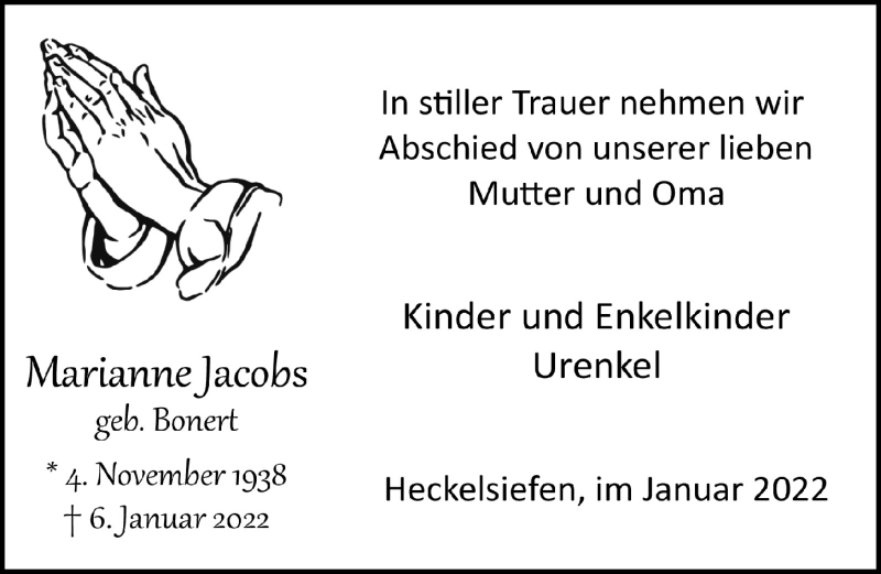  Traueranzeige für Marianne Jacobs vom 14.01.2022 aus  Lokalanzeiger 