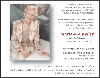 Anzeige von Marianne Keller von  Bergisches Handelsblatt 