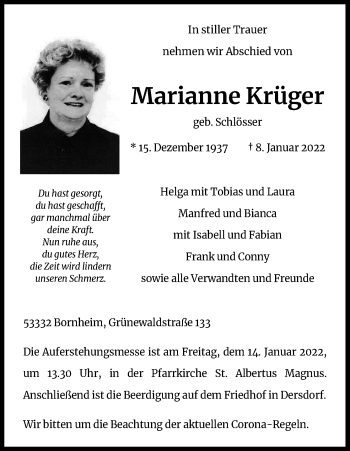 Anzeige von Marianne Krüger von Kölner Stadt-Anzeiger / Kölnische Rundschau / Express