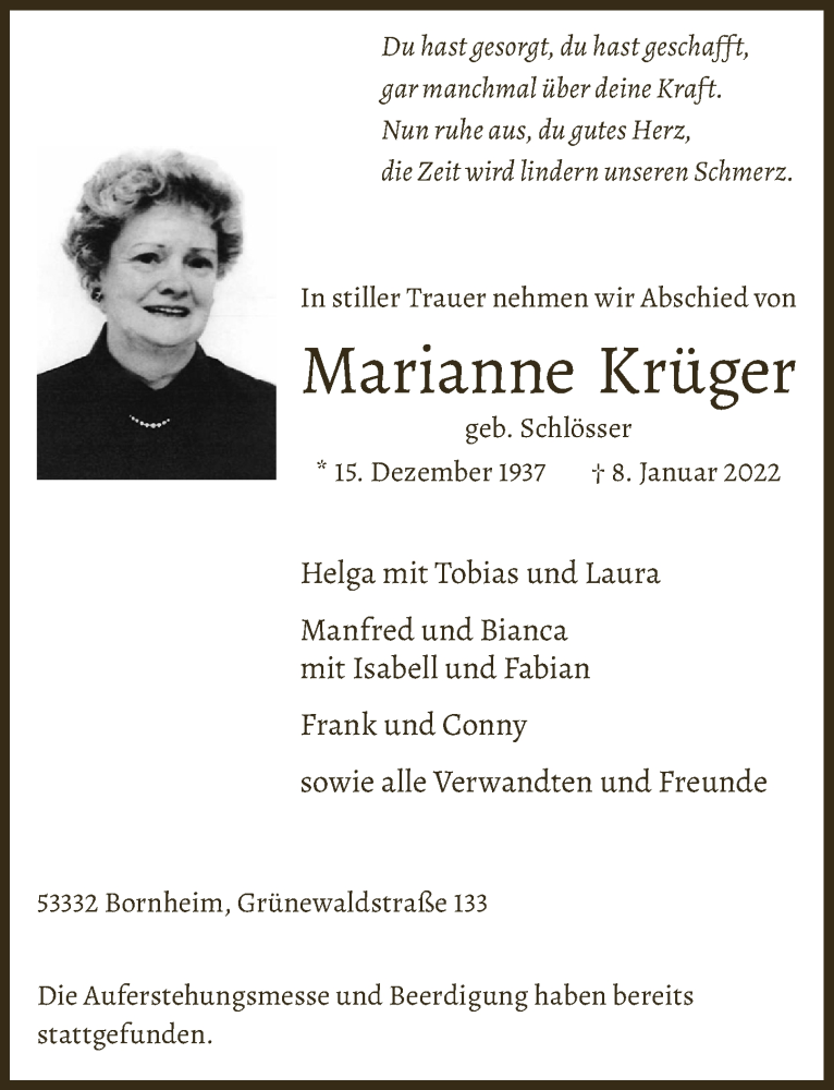  Traueranzeige für Marianne Krüger vom 14.01.2022 aus  Schaufenster/Blickpunkt 