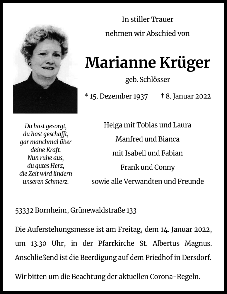  Traueranzeige für Marianne Krüger vom 12.01.2022 aus Kölner Stadt-Anzeiger / Kölnische Rundschau / Express