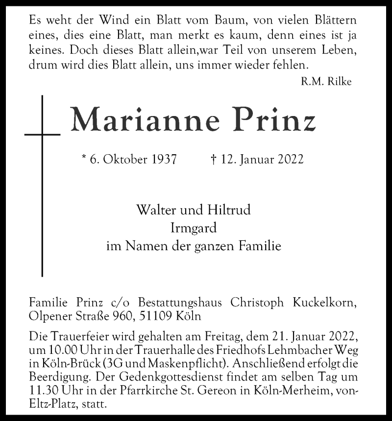  Traueranzeige für Marianne Prinz vom 19.01.2022 aus Kölner Stadt-Anzeiger / Kölnische Rundschau / Express