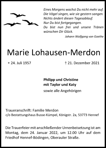 Anzeige von Marie Lohausen-Merdon von Kölner Stadt-Anzeiger / Kölnische Rundschau / Express