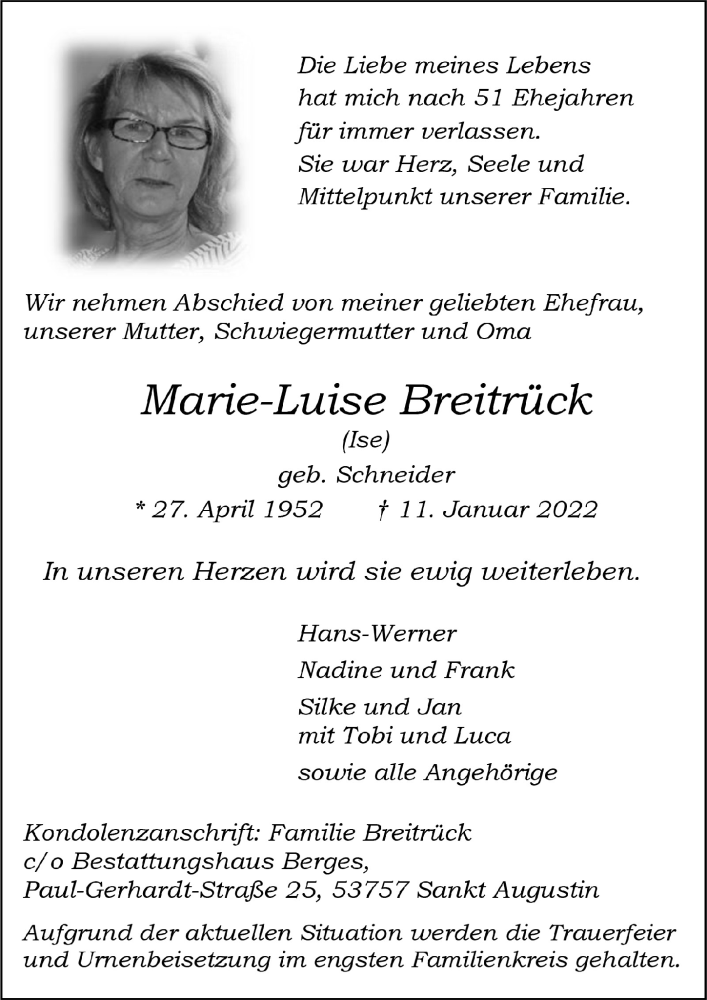  Traueranzeige für Marie-Luise Breitrück vom 21.01.2022 aus  Extra Blatt 