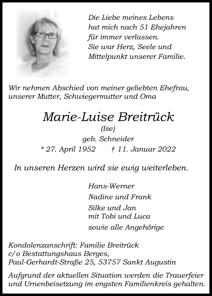  Traueranzeige für Marie-Luise Breitrück vom 22.01.2022 aus Kölner Stadt-Anzeiger / Kölnische Rundschau / Express