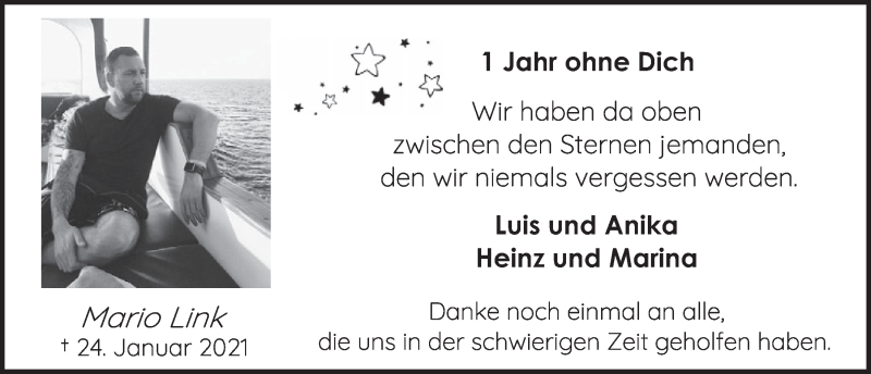  Traueranzeige für Mario Link vom 21.01.2022 aus  Werbepost 