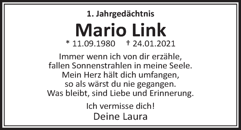  Traueranzeige für Mario Link vom 21.01.2022 aus  Werbepost 