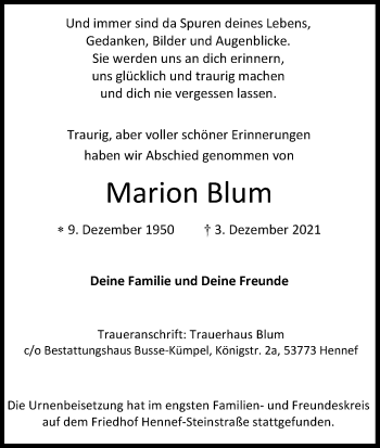 Anzeige von Marion Blum von Kölner Stadt-Anzeiger / Kölnische Rundschau / Express