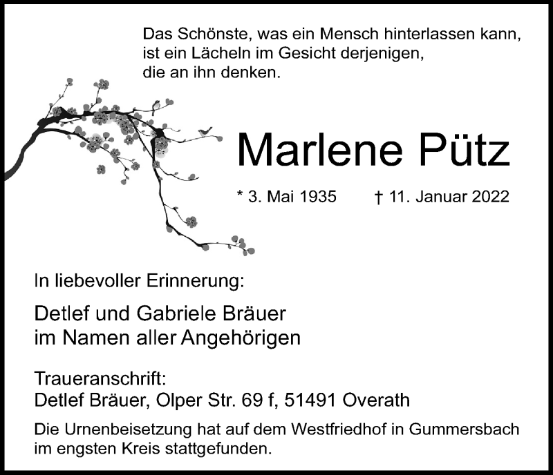  Traueranzeige für Marlene Pütz vom 26.01.2022 aus Kölner Stadt-Anzeiger / Kölnische Rundschau / Express