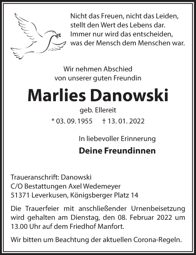  Traueranzeige für Marlies Danowski vom 28.01.2022 aus  Lokale Informationen 
