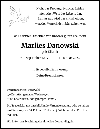 Anzeige von Marlies Danowski von Kölner Stadt-Anzeiger / Kölnische Rundschau / Express