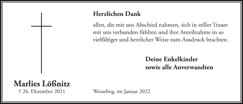  Traueranzeige für Marlies Lößnitz vom 21.01.2022 aus  Schlossbote/Werbekurier 