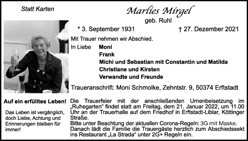  Traueranzeige für Marlies Mirgel vom 15.01.2022 aus Kölner Stadt-Anzeiger / Kölnische Rundschau / Express