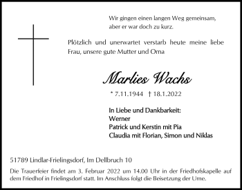 Anzeige von Marlies Wachs von  Anzeigen Echo 