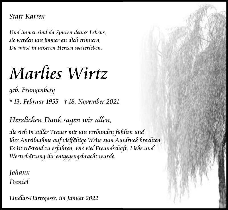  Traueranzeige für Marlies Wirtz vom 15.01.2022 aus Kölner Stadt-Anzeiger / Kölnische Rundschau / Express