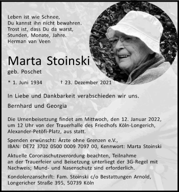 Anzeige von Marta Stoinski von Kölner Stadt-Anzeiger / Kölnische Rundschau / Express
