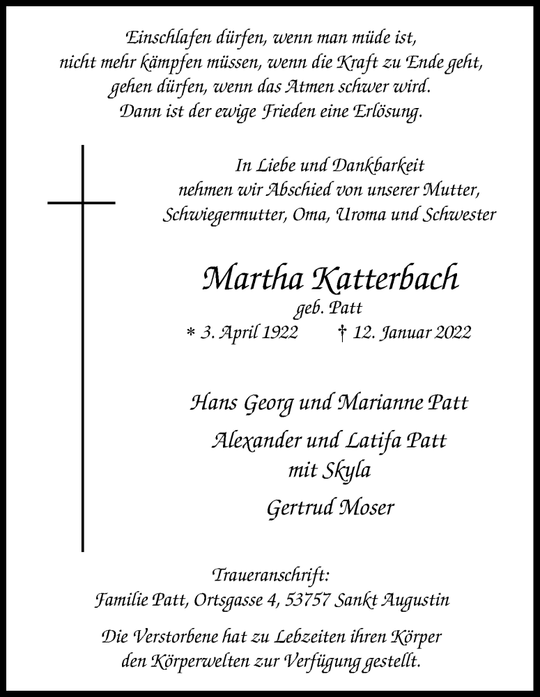  Traueranzeige für Martha Katterbach vom 19.01.2022 aus Kölner Stadt-Anzeiger / Kölnische Rundschau / Express