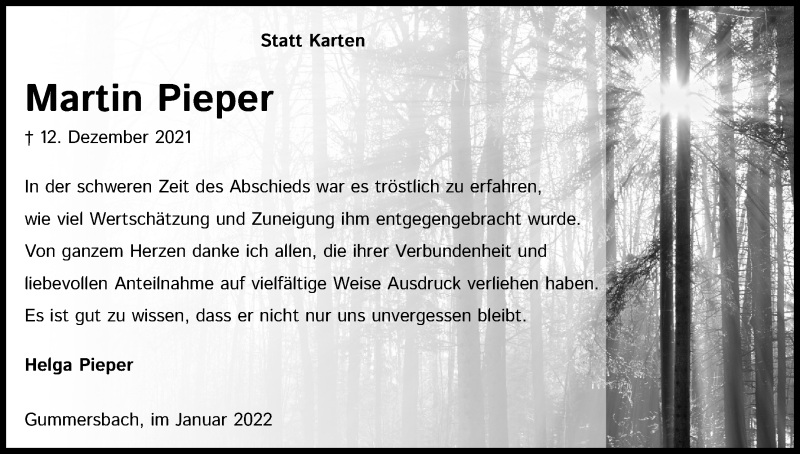  Traueranzeige für Martin Pieper vom 29.01.2022 aus Kölner Stadt-Anzeiger / Kölnische Rundschau / Express