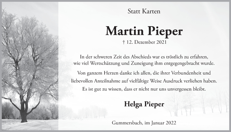  Traueranzeige für Martin Pieper vom 28.01.2022 aus  Anzeigen Echo 