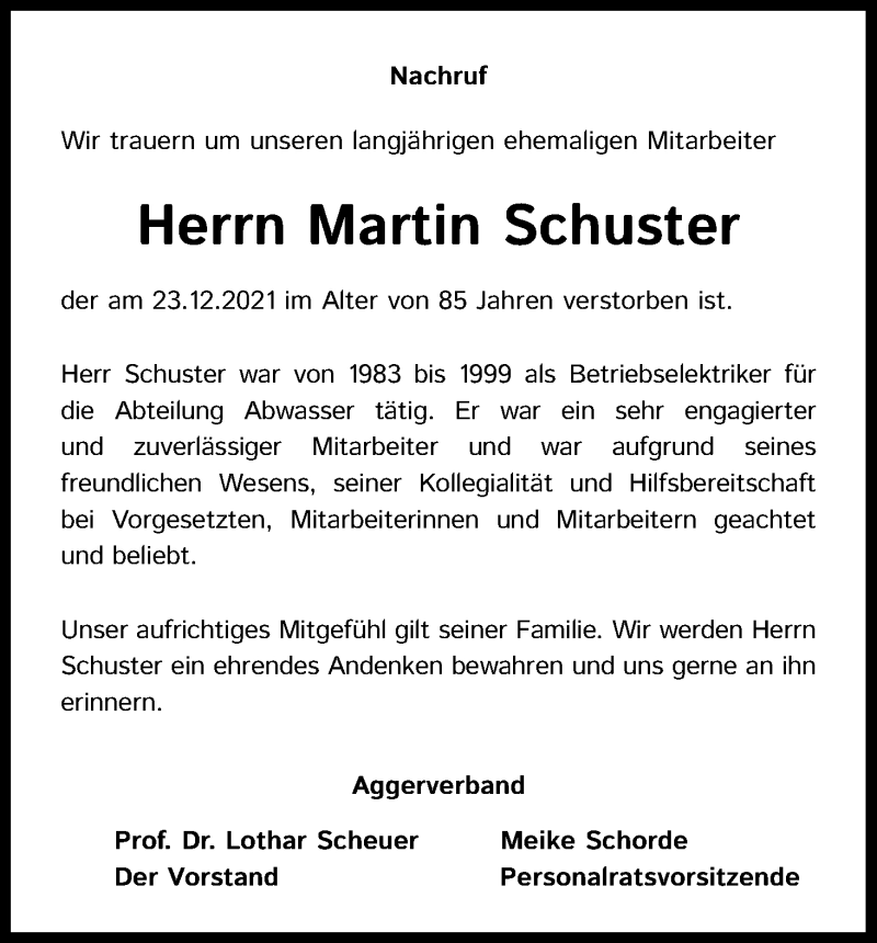  Traueranzeige für Martin Schuster vom 13.01.2022 aus Kölner Stadt-Anzeiger / Kölnische Rundschau / Express