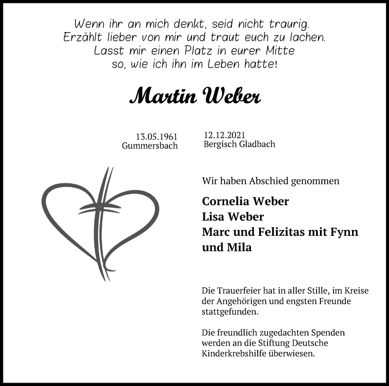  Traueranzeige für Martin Weber vom 12.01.2022 aus Kölner Stadt-Anzeiger / Kölnische Rundschau / Express