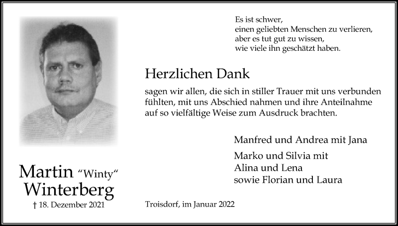  Traueranzeige für Martin Winterberg vom 22.01.2022 aus Kölner Stadt-Anzeiger / Kölnische Rundschau / Express