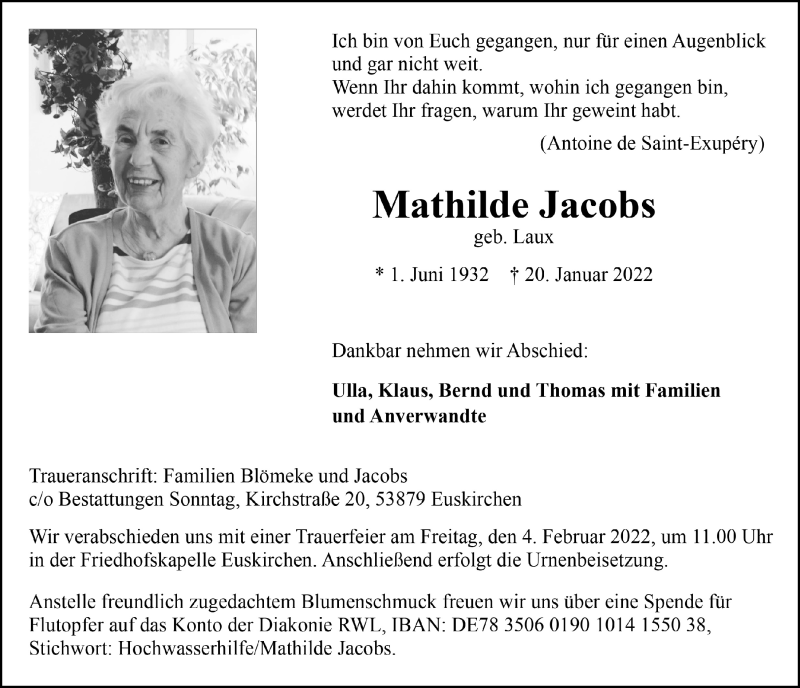  Traueranzeige für Mathilde Jacobs vom 29.01.2022 aus  Blickpunkt Euskirchen 