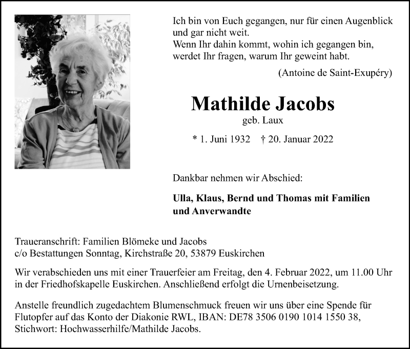  Traueranzeige für Mathilde Jacobs vom 27.01.2022 aus Kölner Stadt-Anzeiger / Kölnische Rundschau / Express