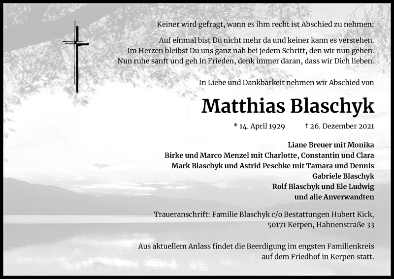  Traueranzeige für Matthias Blaschyk vom 08.01.2022 aus Kölner Stadt-Anzeiger / Kölnische Rundschau / Express