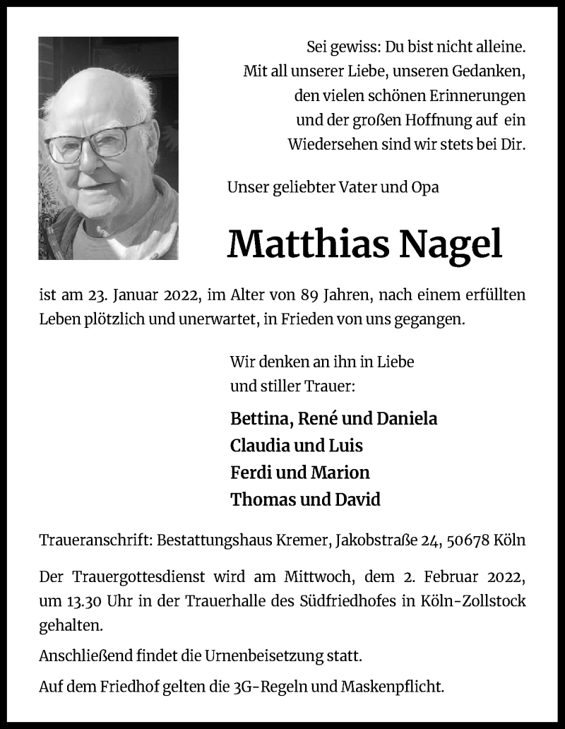  Traueranzeige für Matthias Nagel vom 29.01.2022 aus Kölner Stadt-Anzeiger / Kölnische Rundschau / Express