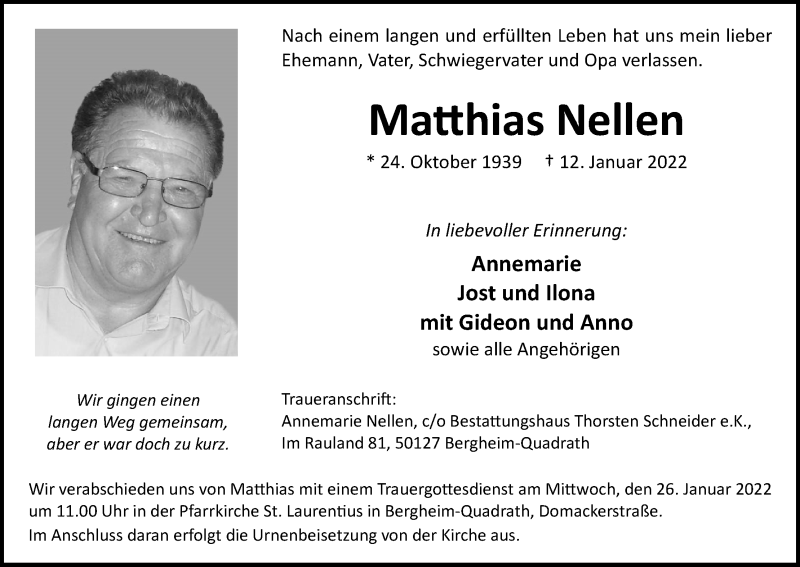  Traueranzeige für Matthias Nellen vom 25.01.2022 aus Kölner Stadt-Anzeiger / Kölnische Rundschau / Express