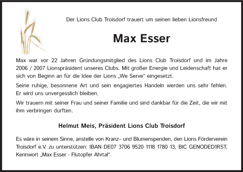  Traueranzeige für Max Esser vom 22.01.2022 aus Kölner Stadt-Anzeiger / Kölnische Rundschau / Express