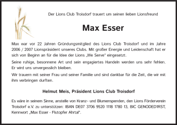 Anzeige von Max Esser von Kölner Stadt-Anzeiger / Kölnische Rundschau / Express