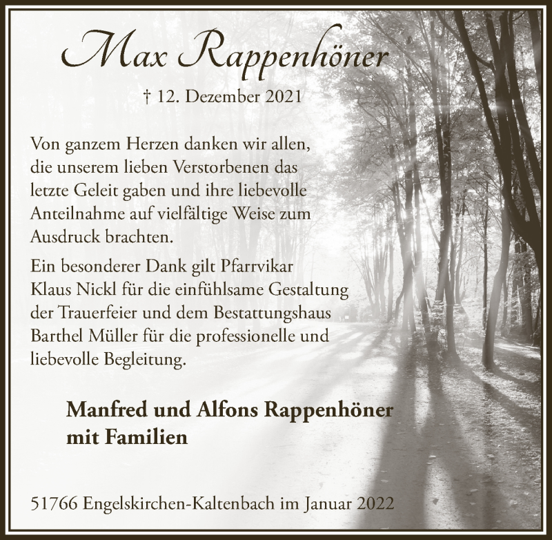  Traueranzeige für Max Rappenhöner vom 14.01.2022 aus  Anzeigen Echo 