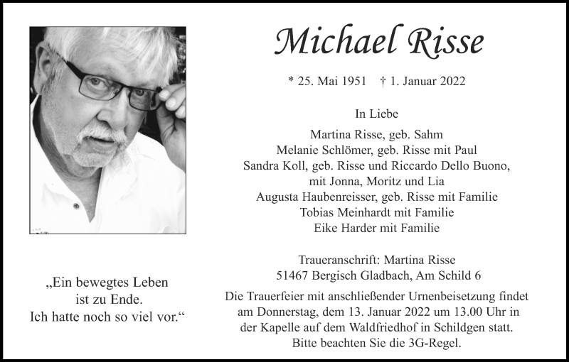  Traueranzeige für Michael Risse vom 08.01.2022 aus Kölner Stadt-Anzeiger / Kölnische Rundschau / Express