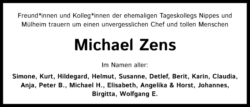  Traueranzeige für Michael Zens vom 15.01.2022 aus Kölner Stadt-Anzeiger / Kölnische Rundschau / Express
