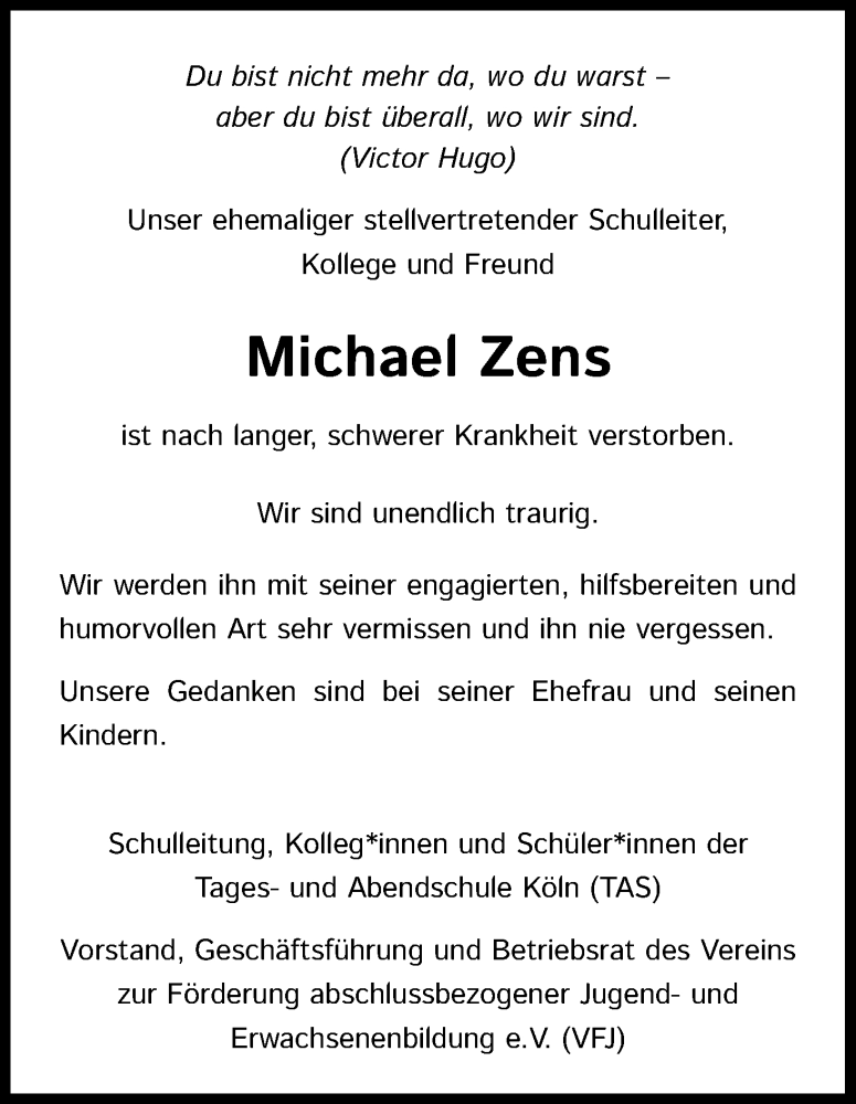  Traueranzeige für Michael Zens vom 15.01.2022 aus Kölner Stadt-Anzeiger / Kölnische Rundschau / Express