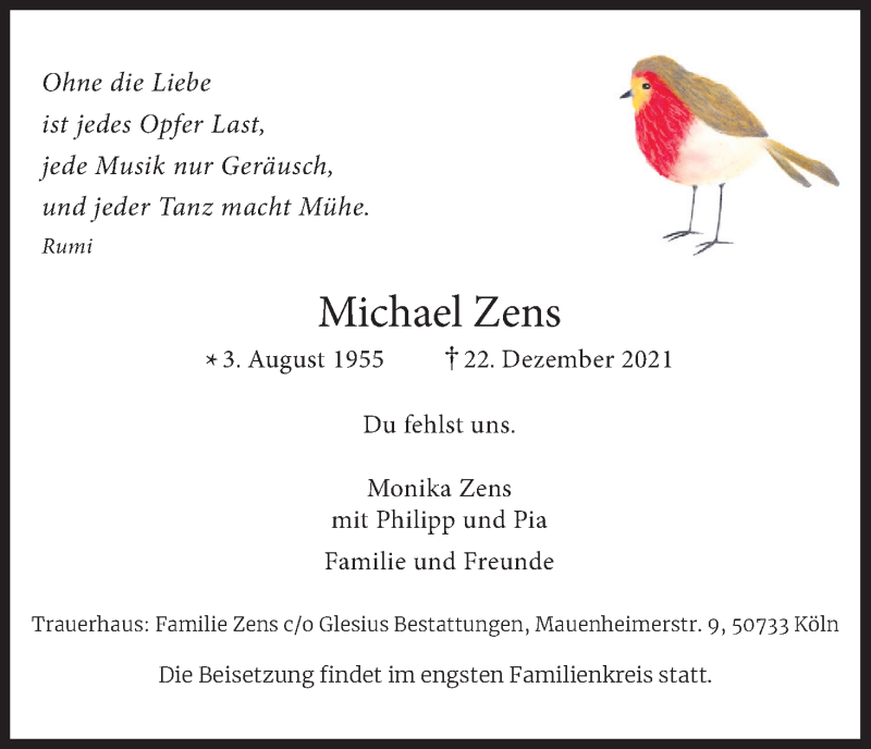  Traueranzeige für Michael Zens vom 15.01.2022 aus Kölner Stadt-Anzeiger / Kölnische Rundschau / Express