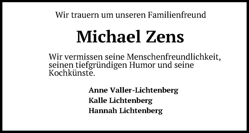  Traueranzeige für Michael Zens vom 15.01.2022 aus Kölner Stadt-Anzeiger / Kölnische Rundschau / Express